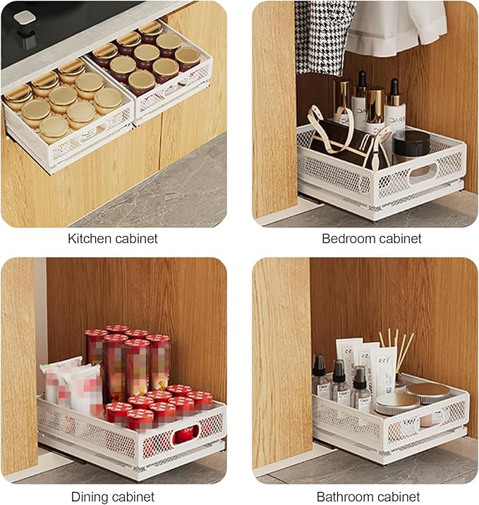 Pull Out Cabinet Organizer, Slide Out Drawers Fixed with Adhesive Nano Film, Pantry Shelves Sliding Drawer Storage Organization for Kitchen (Double Layer 19.7 * 13.8 * 12.6inch/50 * 35 * 32cm)