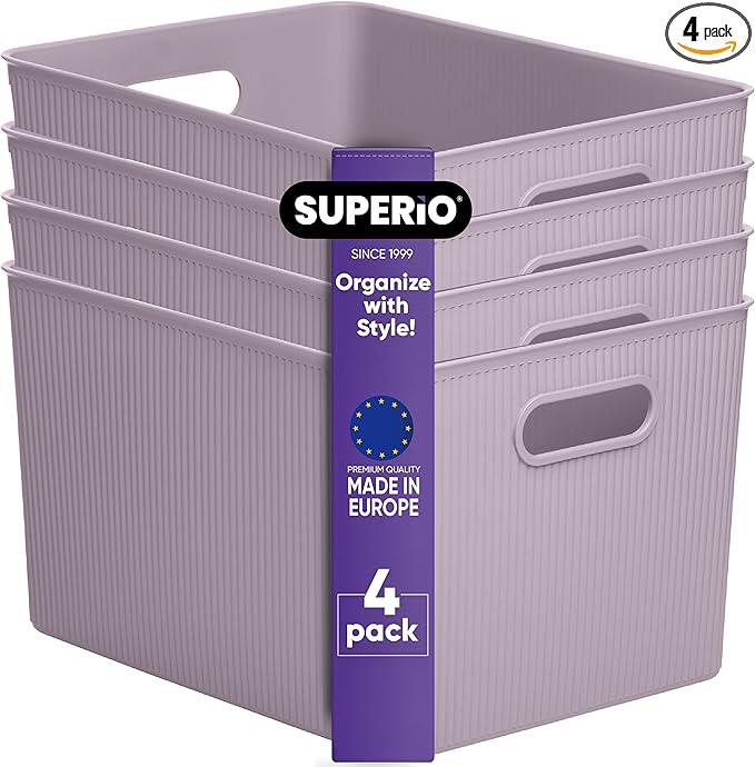 Superio Ribbed Collection - Decorative Plastic Basket Open Home Storage Bins Organizer, X-Large Lilac Purple (4 Pack) Container Boxes for Organizing Closet Storage Bins for Shelves 22 Liter/23 Quart