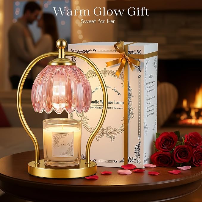 Candle Warmer Lamp, Dimmable Candle Warmer with Timer, Vintage Candles Wax Warmers for Jar Candles Christmas Birthday Gifts for Women Mom, New Home Decor for Bedroom Living Room, Gold Pink