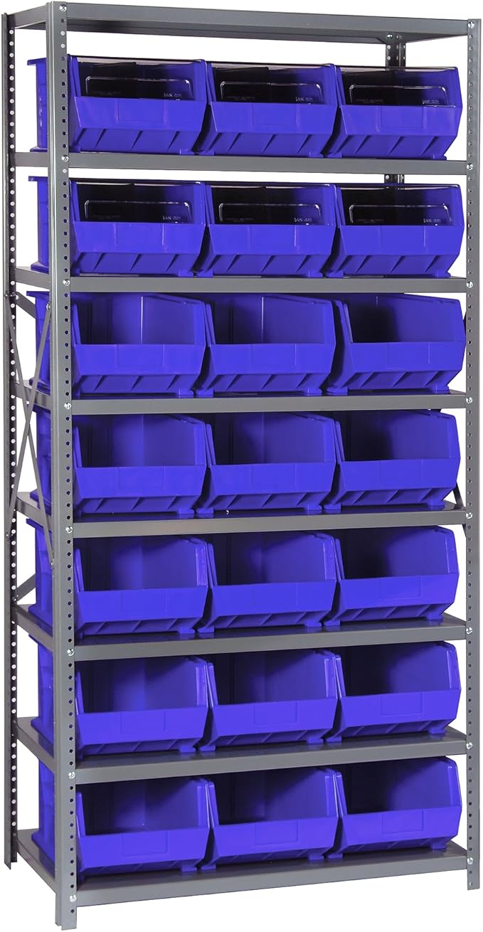 Quantum Storage Systems QSBU-255BL Giant Open Hopper Steel Shelving System, 18" D x 36" W x 75" H, with 8 Shelves and 21 QUS255 Bins, Blue