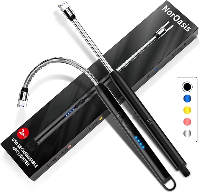 2-Pack Rechargeable Electric Candle Lighters, Flameless Windproof Long Lighter with 360° Flexible Neck and LED Display for Candles, Camping, BBQ & Fireplace (Black)