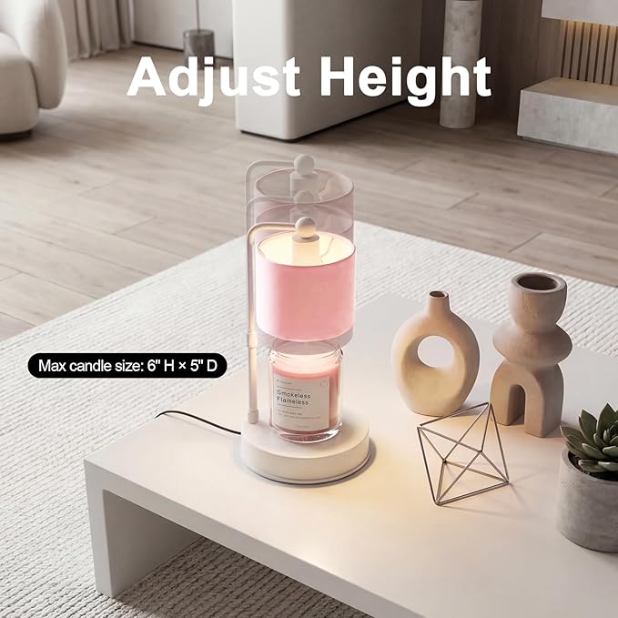 Pink Candle Warmer Lamp with Timer, Modern Farmhouse Dimmable Candle Warmer, Height Adjustable Electric Candle Lamp Warmer with 2 Bulbs, Home Decor for Bedroom-Pink