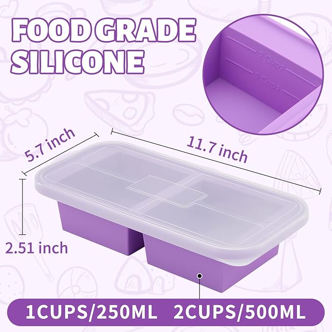 SHIKORI Silicone Freezer Tray With Lid, Silicone Freezer Food Molds, Large Ice Cube Tray, Silicone Freezer Container,Freeze & Store Soup, Sauce, Broth,Leftovers (Purple-2 Cups)