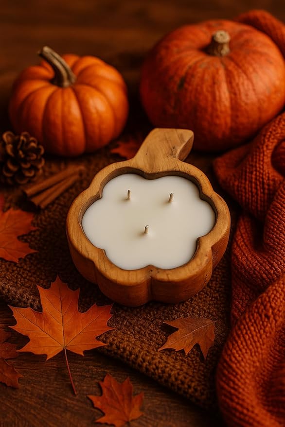 Red Barn Candle Company Pumpkin Spice Wood Bowl Candles | 100% Natural Soy Wax & Essential Oil Infused | Odor Eliminating + Pet Safe | Scented Candle Gifts for Men & Women (3-Wick)