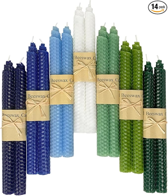Lacaser Natural Beeswax Taper Candles Bulk 14 Pack, 9" Long Candle Sticks, Unscented & Dripless Bees Wax Made Candles, Blue White Green in 7 Assorted Colored Colors
