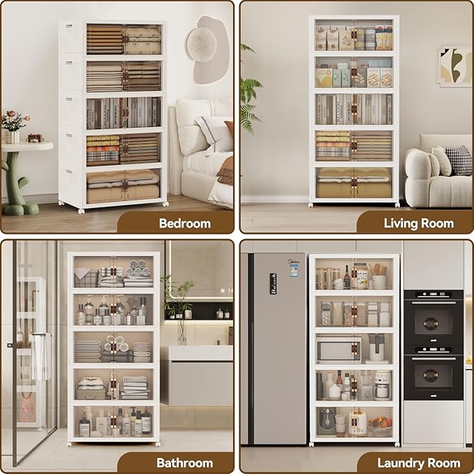 SAILUN 234QT/58Gal Stackable Storage Bins with a Lid, Collapsible Storage Bins With Doors, Folding Cabinet for Home Closet Organization,5 Pack-19.7" W x 12.6" D x 54.5" H White