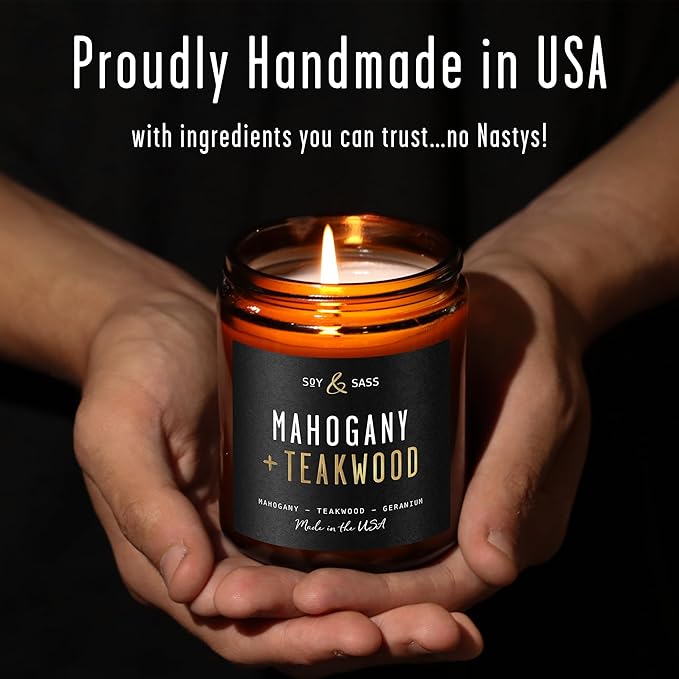 Mahogany Teakwood Candles I Scented Black Candles for Men or Women - Rich Mahogany, Teakwood & Geranium Soy Wax Mens Candle - Infused w/Essential Oils I 50Hr Burn, 9oz I Non Toxic I Made in USA