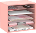 SUPEASY Wood Desk Organizer, 5 Tier Paper File Organizer for Desk, Wooden Desktop Organizer, Paper Letter Literature Mail Sorter, for Office School & Home Organization, Pink