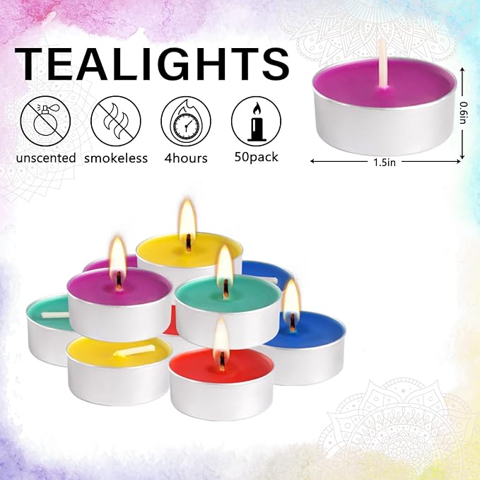 50 Pack Colorful Tealight Candles - 4-Hour Burn Unscented Smokeless Tea Lights for Home Decor, Rituals, Parties & Relaxation