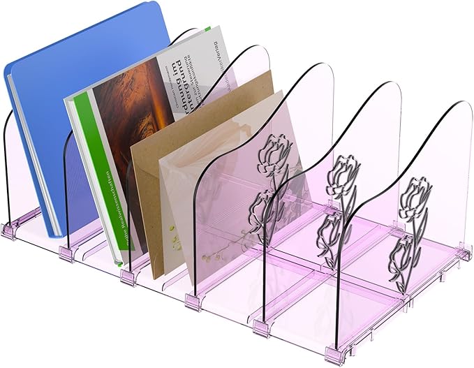 Adjustable Rose File Organizer for Desk, Vertical File Folder Holders for Magazines, Upright Desktop Binder Organizer, Clear Paper Bookshelf Divider File Sorter for School Office Supplies