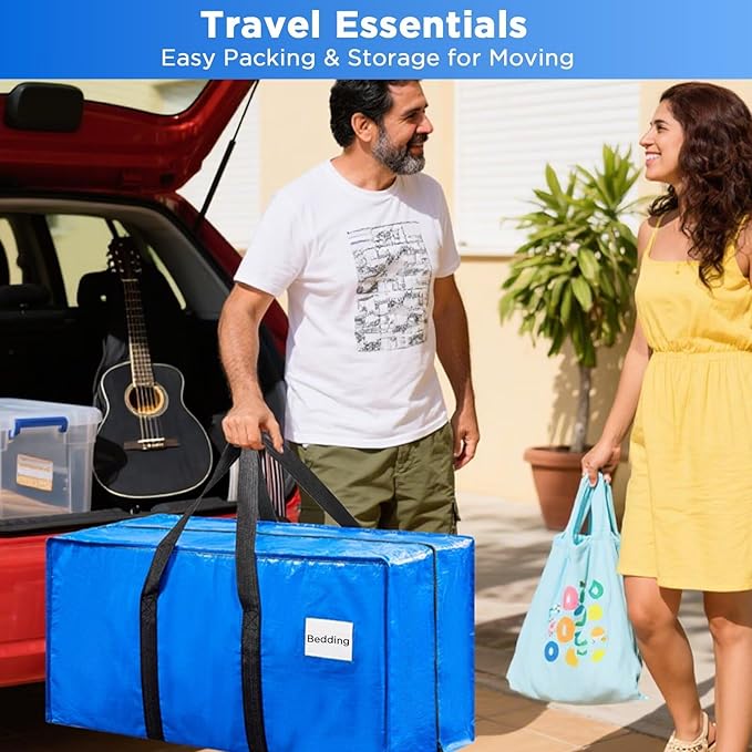 BETU Extra Large Moving Bags Heavy Duty Storage Bags with Zipper Handles, 12 Pack Clothes Storage Totes Bins Packing Moving Boxes, Moving Supplies for College Dorm Essentials, Space Saving, Blue