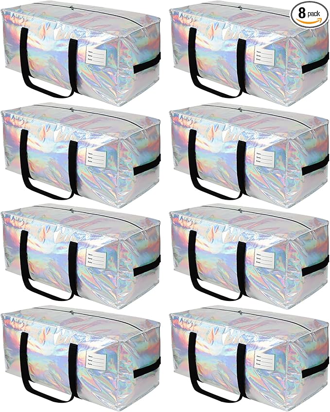 VTSVTS 8 Pack Extra Heavy Duty Large Moving Bags with Comfortable Handle & Strong Zipper,Storage Totes for Space Saving Moving Storage College Supplies Alternative to Moving Box,Iridescent