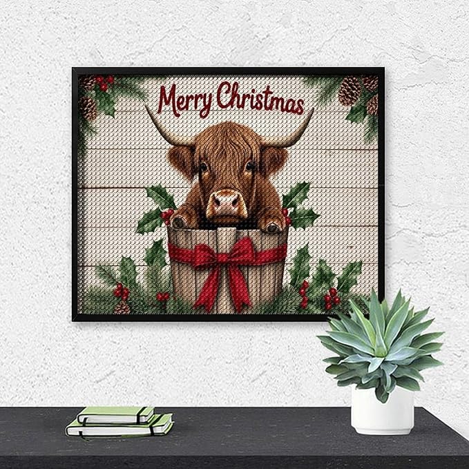 AIVKIEJK Diamond Painting Kits for Adults - Highland Cow Merry Christmas Painting DIY 5D Full Drill Diamond Dots Paintings with Diamonds Gem Art and Crafts Home Decor 16"x20"