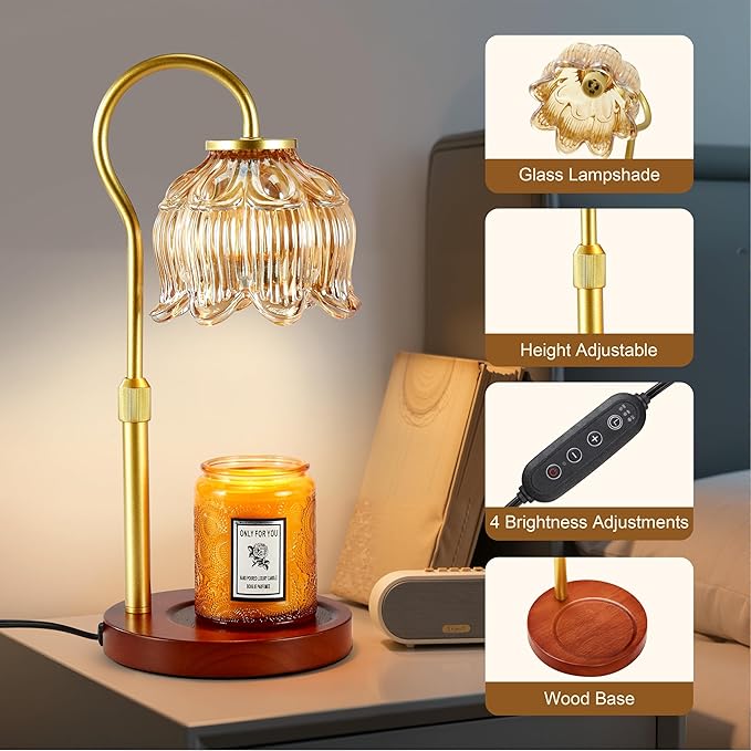 Dreamholder Electric Candle Warmer Lamp with Timer & Dimmer, Adjustable Height Wax Melt Warmer for Jar Candles, Wood Base Candle Melter, Floral Home Decor Gifts for Women, Walnut Gold
