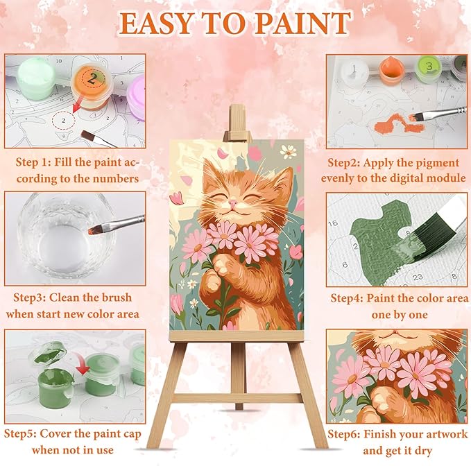 NAIMOER Cat Flower Paint by Numbers Kits for Adults Beginner with Wooden Framed, Color by Numbers on Canvas Painting Kits for Adults, Easy Paint DIY Acrylic for Home Wall Decor 8X12 Inch