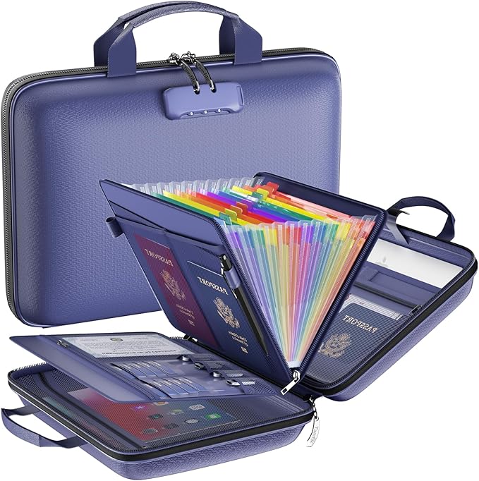 Fireproof File Organizer with Lock, Hard Case Fireproof Document Box with 13 Colorful Pockets Accordion File Folder, Important Document Organizer for Letter A4 Files Laptop Passports (Blue)