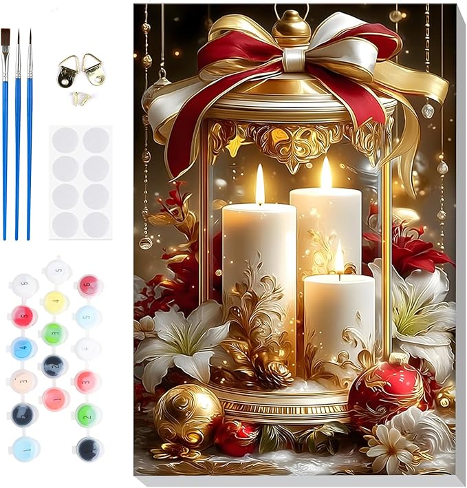 Bowetile Christmas Paint by Numbers for Adults Beginners Framed, Candles Adults' Paint-by-Number Kits, Adult Paint by Number Kits on Canvas, Acrylic Number Painting for Home Decor, 8x12in