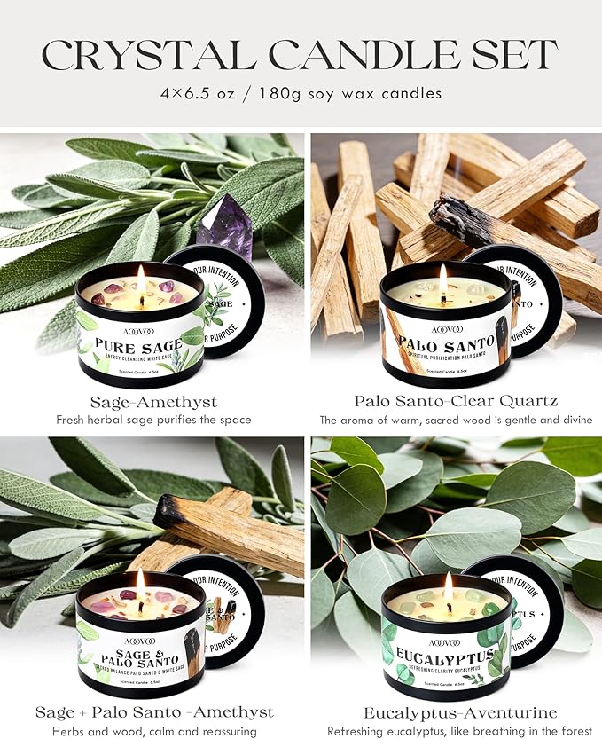 AOOVOO 4 Pack Sage Candles - Sage, Palo Santo, Sage & Palo Santo, Eucalyptus Mint Candle Set with Crystals & Decor, 26oz 200 Hours Long Lasting, Non Toxic Candles for Spiritual House Energy Cleansing