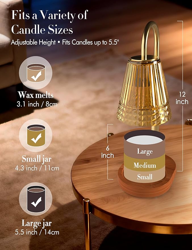 Candle Warmer Lamp with Timer Dimmer: Height Adjustable Wax Melt Warmer for Scented Jar Candles with 2 Bulbs, Christmas Birthday Gifts for Women Mom, House Warming Gifts New Home Room Decor (Gold)