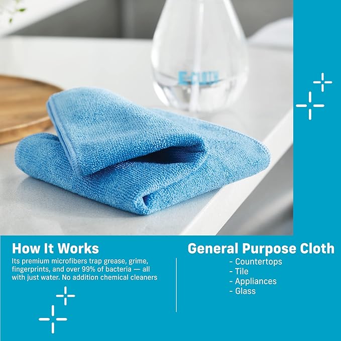 E-Cloth Microfiber Cloth, World's Leading Premium Microfiber Cleaning Cloth, Twice as Durable as Competition, 1 Year Guarantee, Ideal for Kitchen, Countertops, Sinks, and Bathrooms, Blue, 8 Pack