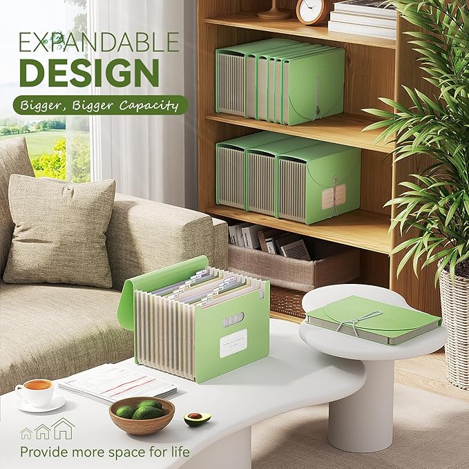 EcoStash Accordion File Organizer, 12-Pocket Wheat Straw Expanding File Folder, Portable Monthly Bill & Tax Receipt Organizer, Letter/A4 Size Document Holder with Colorful Tabs-Grass Green