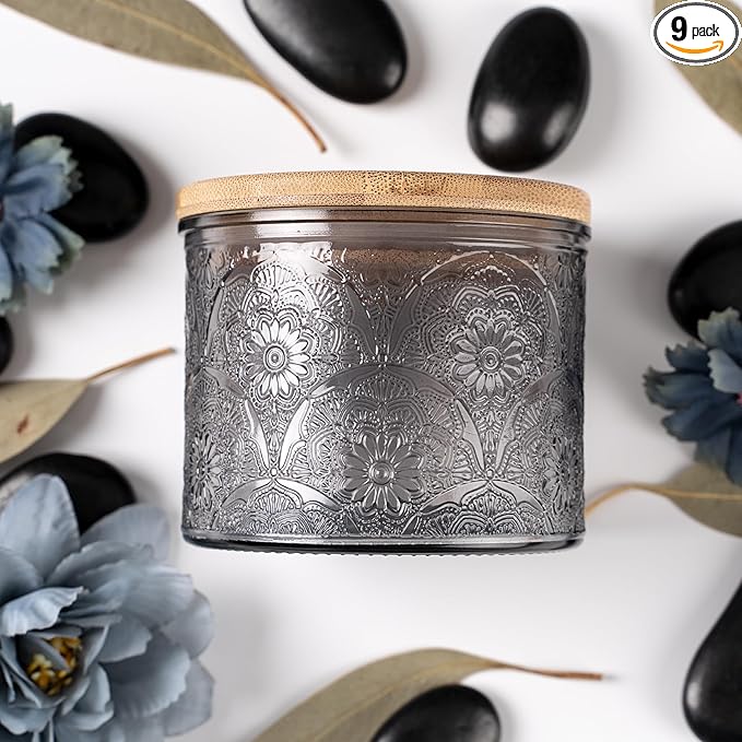 10 oz Embossed Glass Candle Container with Bamboo Lids and Labels, Gray Candle Jars for Making Candles, Mandala Design - Pack of 9