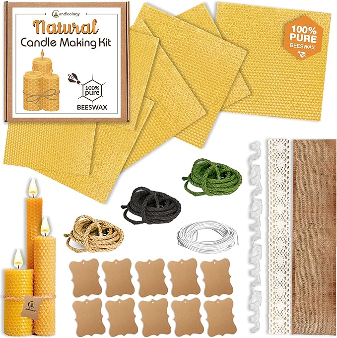 Beeswax DIY Candle Making Kit - Natural Candle Rolling Kit for Beginners with 7 Beeswax Sheets & Multiple Decorations to Make Candles