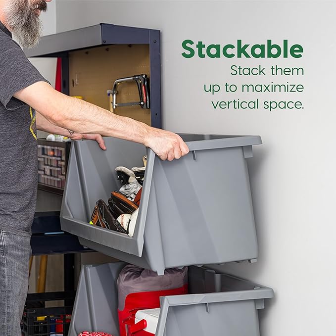 IRIS USA Open Front Storage Bins, Jumbo, Heavy Duty Garage Storage, Stackable Storage Bins, Tools Hardware Hose Household Product Sporting Goods, Wide Open Front, Interlocked Secure Stacking, Gray