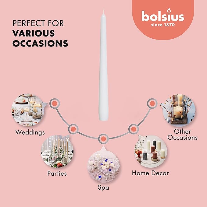 BOLSIUS Unscented 10 Inch Dinner Candles, 10 Pack - 8 Hour European Quality Smokeless Dripless Taper Candles for Home Décor