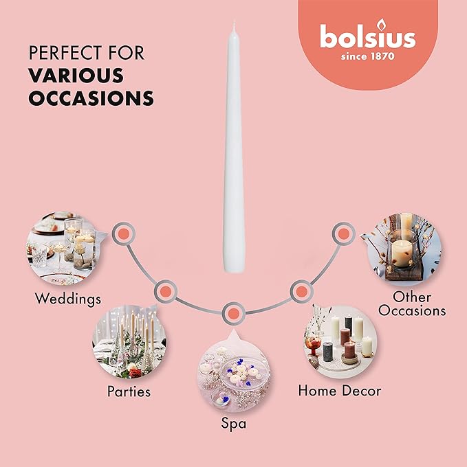 BOLSIUS Long Household White Taper Candles - 10-inch Unscented Premium Quality Wax - 8 Hours Long Burning Dripless Candles Bulk Pack of 30 for Home Decor, Wedding, Parties and Special Occasions