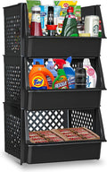 Skywin TidyFriend Large Plastic Stackable Storage Bins for Pantry, 3 Pack Stackable Bins For Organizing Kitchen and Bathroom Essentials (Black)