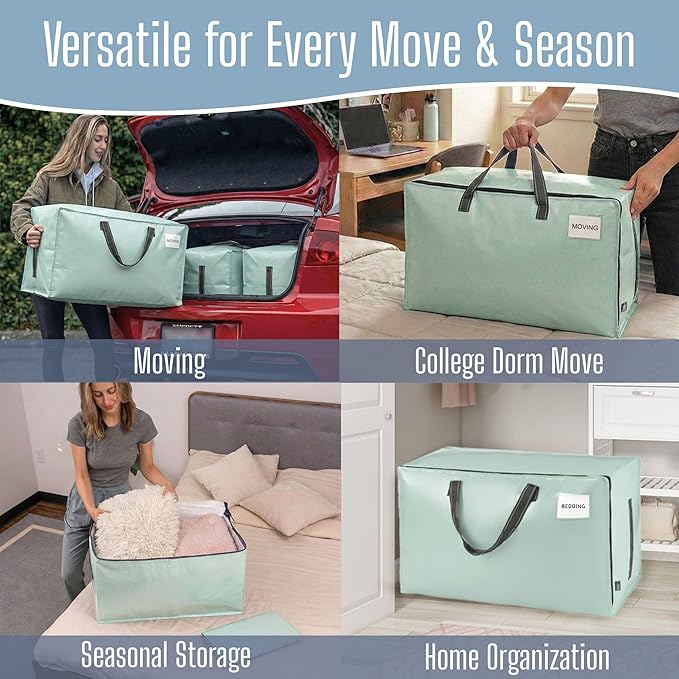 VENO 4 Pack Extra Large Heavy Duty Moving Bags with Wide Opening & Reinforced Handles, Reusable Storage Tote Bags with Strong Zippers for Clothes, College Dorm Essentials & Moving Supplies