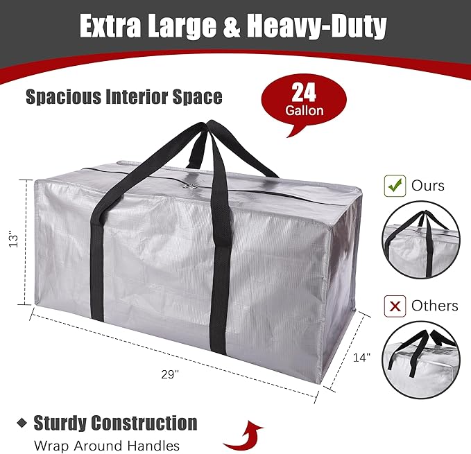 PANDA JOYS Extra Large Moving Bags with Zippers & Carrying Handles, Heavy-Duty Storage Tote for Space Saving Moving Storage, Fold Flat, Alternative to Box and Bin - 12 Pack, Silver