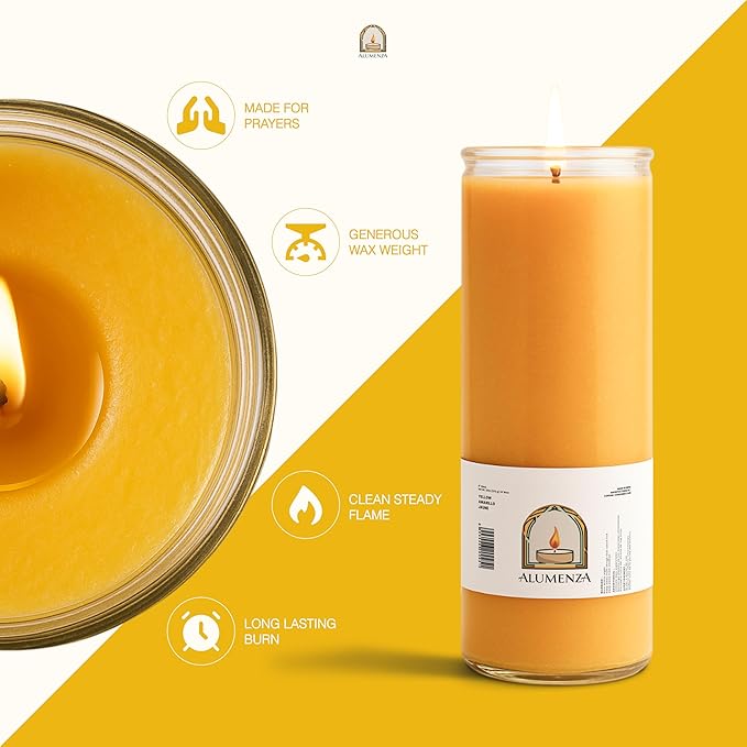 Bulk 6 Pack Yellow 7 Day Candles in Glass Jar – Paraffin Wax, Clean Burning Unscented | Large & Tall Devotional Prayer Pillar Candles for Home, Memoria, Spells, Long Lasting