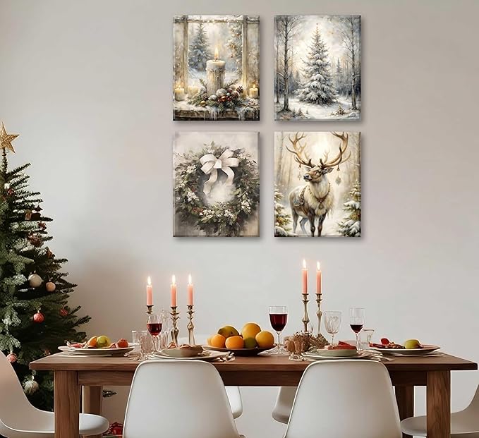 Paint by Number Kit for Adults & Kids, 4 Pack Winter Christmas Scenes (Reindeer, Snowy Tree, Candle Display, Wreath) 12x16Inch Framed, DIY Acrylic Painting Kit with Brushes & Paints