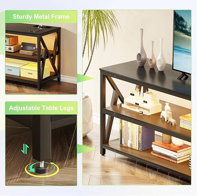 Lvifur 83“ LED TV Stand for 85 75 65 inch TV, Auto Sensor Entertainment Center with RGB Dimmable Lights, TV Console Table with Open Storage Shelves and Metal Frame (Black)