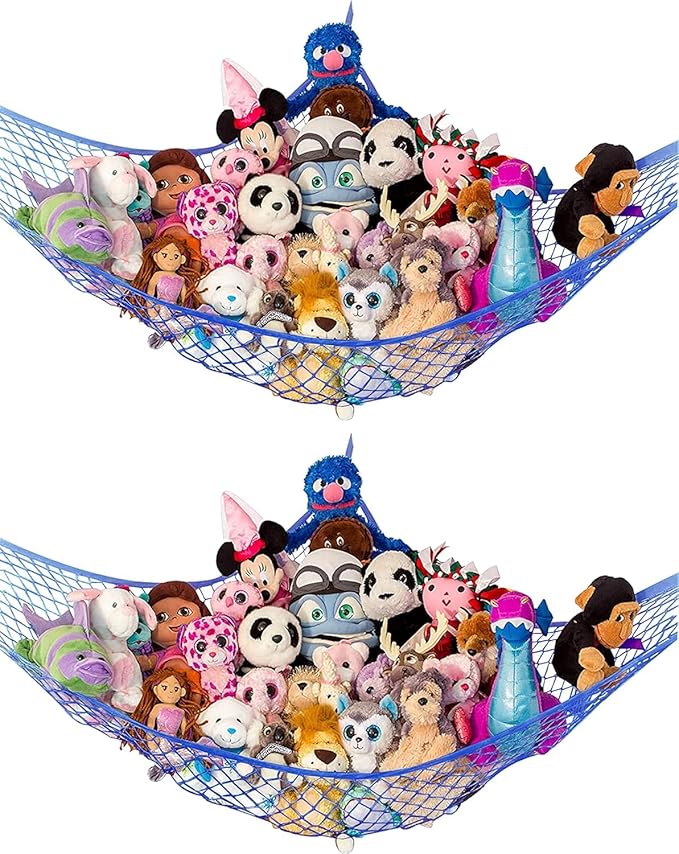 Lilly's Love Large Stuffed Animal Hammock | Corner Hanging Organizer, Toy Storage, Stuffed Animal Storage Net | Made from Quality Fishing Net, Holds 12lbs | 79"x63"x63" (Blue, 2 Pack)
