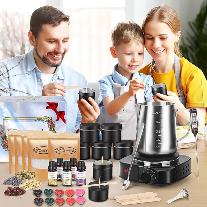 Complete Candle Making Kit with Wax Melter, Making Supplies,DIY Arts&Crafts Gift for Beginners,Adults,Including 500w Electronic Stove,Wicks,Rich Scents,Dyes,Melting Pot,Candle tins, Dried Flower
