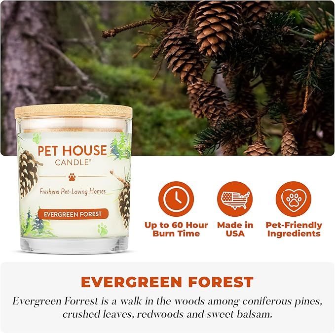 Pet House Pet Odor Candle Plant Based Scented Candle Clean Burning, Long Lasting for Home, Evergreen Forest