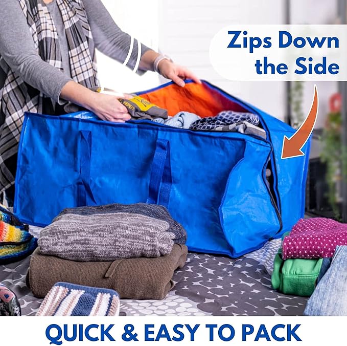 Creative Green Life Extra Large Moving Bags and Clothing Storage Bins with Strong Zipper & Carry Handles, Stackable, Heavy Duty Packing Moving Boxes for College Dorm Room Essentials (Blue, 4 Pack)