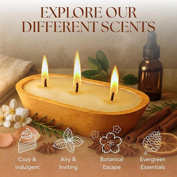 Dough Bowl Candle Co. Eucalyptus Soy Candle - 6 Wick Rustic Farmhouse Decor Odor Eliminator in Wooden Bowls, 32 Oz Wooden Dough Bowl Candle, All-Natural Gifts for Women and Men, Coffee Table Decor