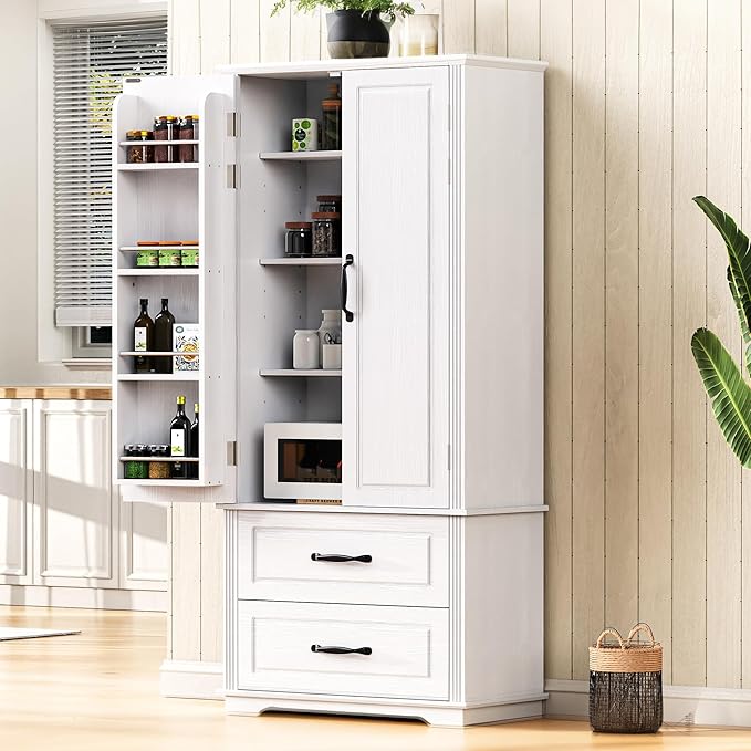 Amposei Farmhouse Kitchen Pantry Cabinet 71-Inch Tall Freestanding Pantry Storage Cabinet Cupboard with Adjustable Shelves for Kitchen Laundry Living Dining Room, White