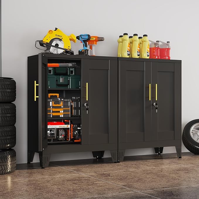 Black Metal Storage Cabinet, 36" Tall Locking Storage Cabinet with 2 Adjustable Shelves, Steel Locker Organizer, for Office, Home, School, 2PS