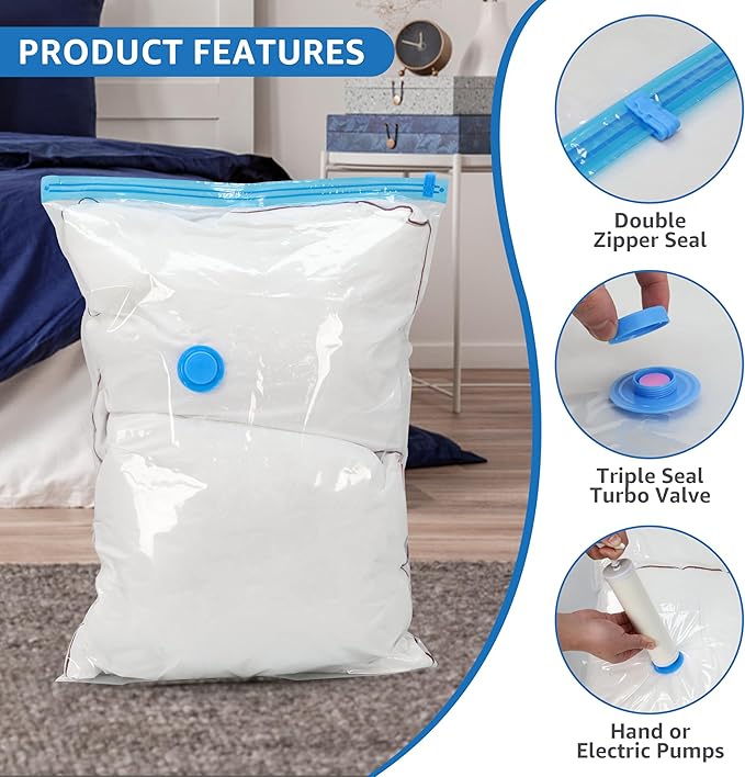 Simple Deluxe 12 Jumbo Vacuum Seal Bags with Hand Pump, Vacuum Storage Bags, Space Saver Bags for Comforters, Blankets, Bedding, Pillows, Clothes