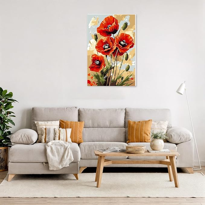 NAIMOER Poppy Flowers Paint by Numbers Kits for Adults Beginner with Wooden Framed, Color by Numbers on Canvas Painting Kits for Adults, Easy Paint DIY Acrylic for Home Wall Decor 8X12 Inch