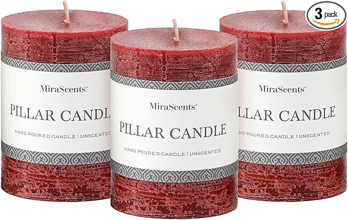 3x4 Inch Burgundy Pillar Candles Set of 3 - Hand-Poured Unscented Candles, Long Clean Burning, Dark Red Pillar Candle, Smokeless Dripless Candle for Dinner Table, Wedding, Home, Rustic Decor