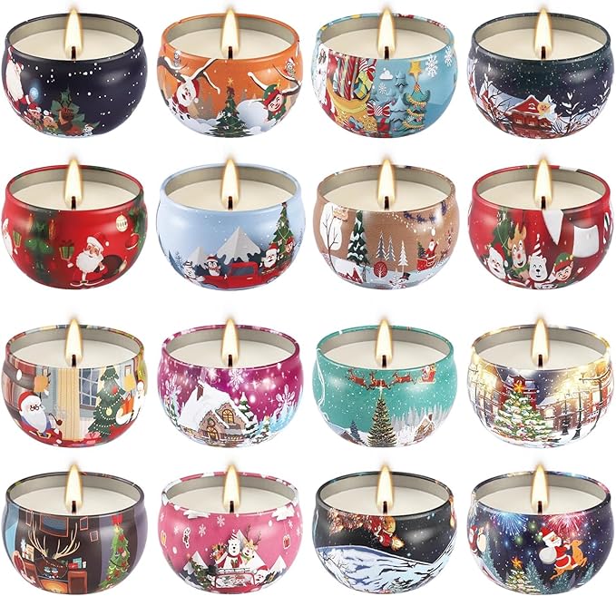 16 Pack Christmas Scented Candles Gift Set 2.5oz Strong Fragrance jar Candles Natural Soy Wax Candles Portable Travel Tin Jar Candles Gifts for Home Scented Decoration Birthday Valentine'sDay