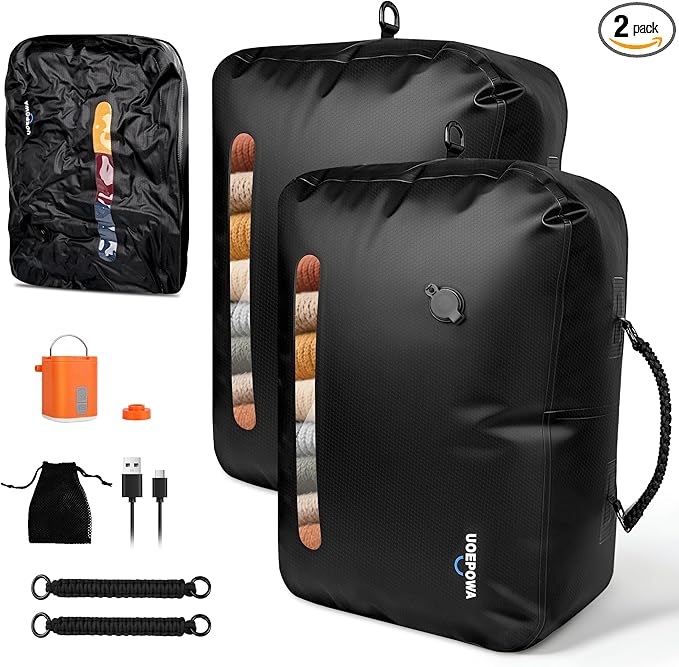 Travel Vacuum Bags with Pump – 33L Vacuum Seal Bags for Clothing, IPX8 Waterproof Vacuum Storage Bags with Handle for Luggage, Backpack, Suitcase, Home & Outdoor 2pack (Black)