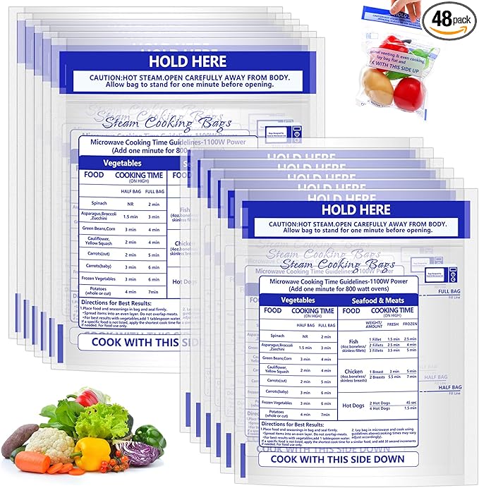 48 Pcs Microwave Steam Bags for Cooking 24 Medium and 24 Large Sizes Reusable Zipper Steamer Bags Microwave Steaming Bag for Vegetables Potatoes Meat Frozen Food (48)