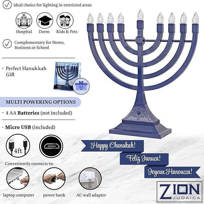 Zion Judaica 6 Pack Electric Hanukkah Menorah LED USB Powered Menorah Electronic Hanukkiah Battery Minorah Flamless Chanukah Candles (Blue, 6)